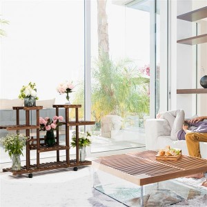 Artisasset 4-Layer 12-Seater Indoor And Outdoor Multifunctional Carbonized Color Wheel Wooden Plant Stand