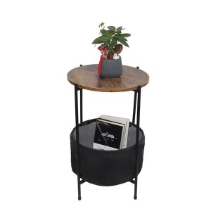 HODELY Wood Color Round Table Top Two Layers With Artificial Leather PVC Waterproof Cloth Newspaper Bag Wrought Iron Side Table
