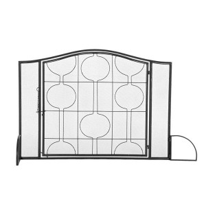 Artisasset Single Door Black Mesh With Geometric Pattern Grill Living Room Decoration Wrought Iron Fireplace Screen